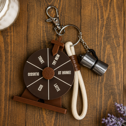 Keychain with a brown circular design and rope on a wooden surface