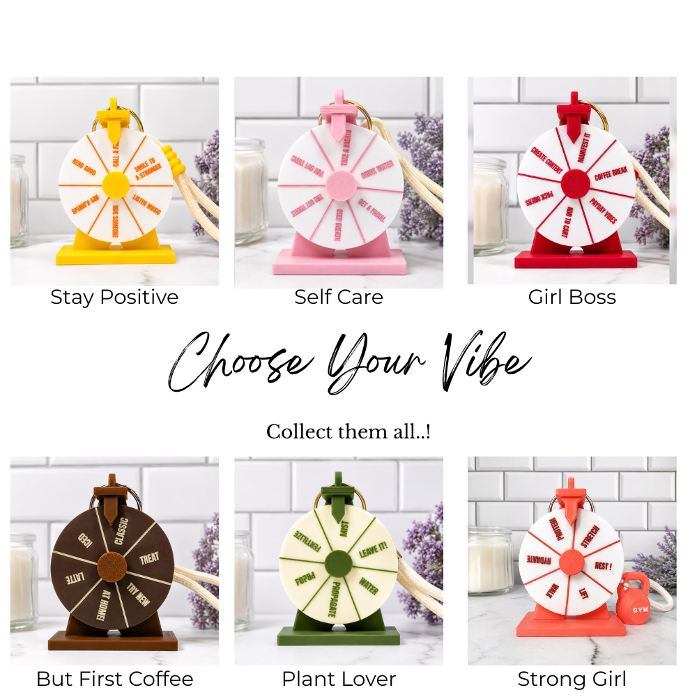 Six mini mood wheel gift sets arranged in a 2x3 grid on a white background, each with its own color scheme and labeled options: Stay Positive, Self Care, Girl Boss, But First Coffee, Plant Lover, and Strong Girl. The center features the text 'Choose Your Vibe' and 'Collect them all.
